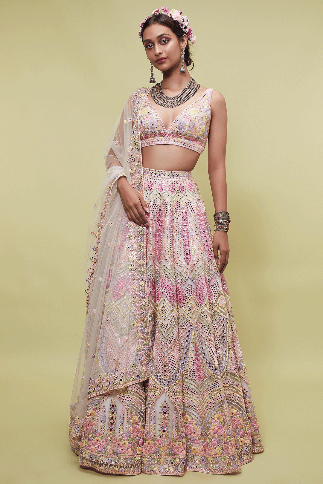 Peach Net Lehenga With Resham