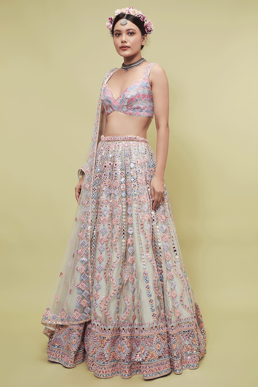 Green Net Lehenga With Resham And Mirrors