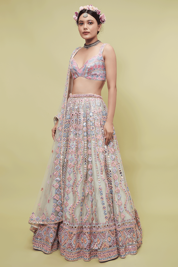 Green Net Lehenga With Resham And Mirrors
