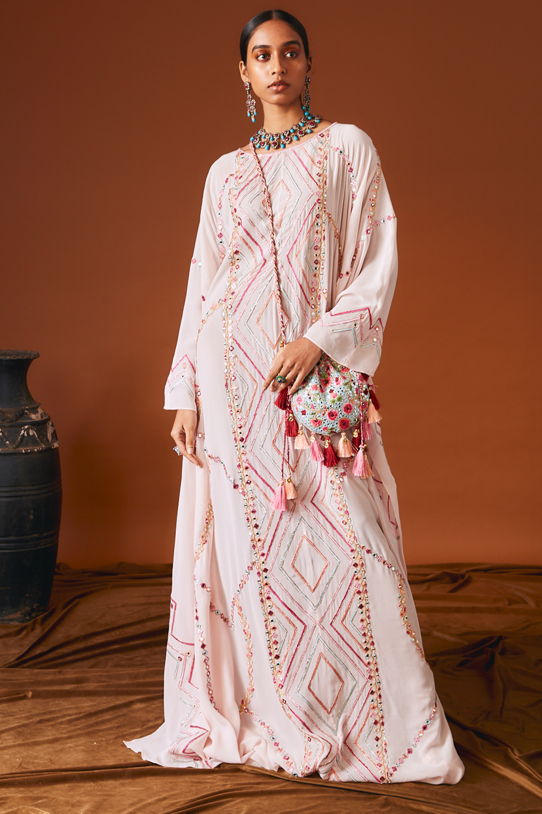 Floral Potli With Mirror Embroidery