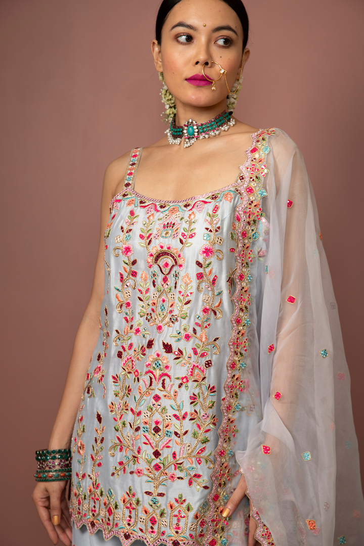 Blue Strappy  Kurta With Gharara