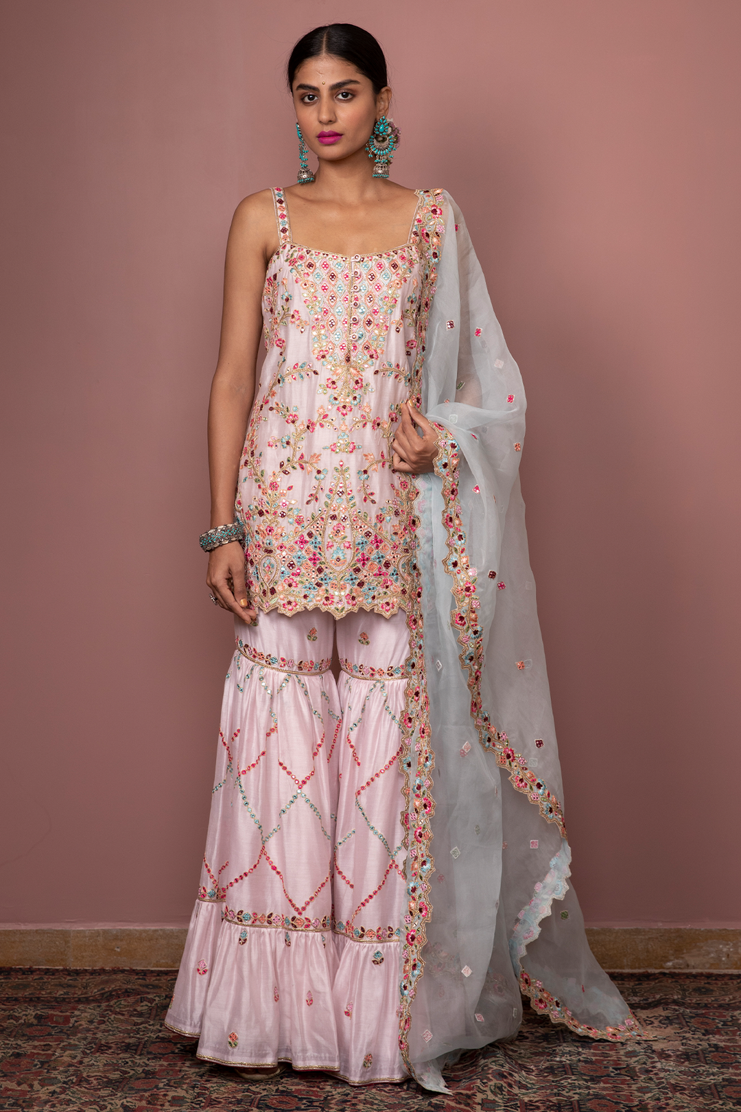 Pink Strappy  Kurta With Gharara