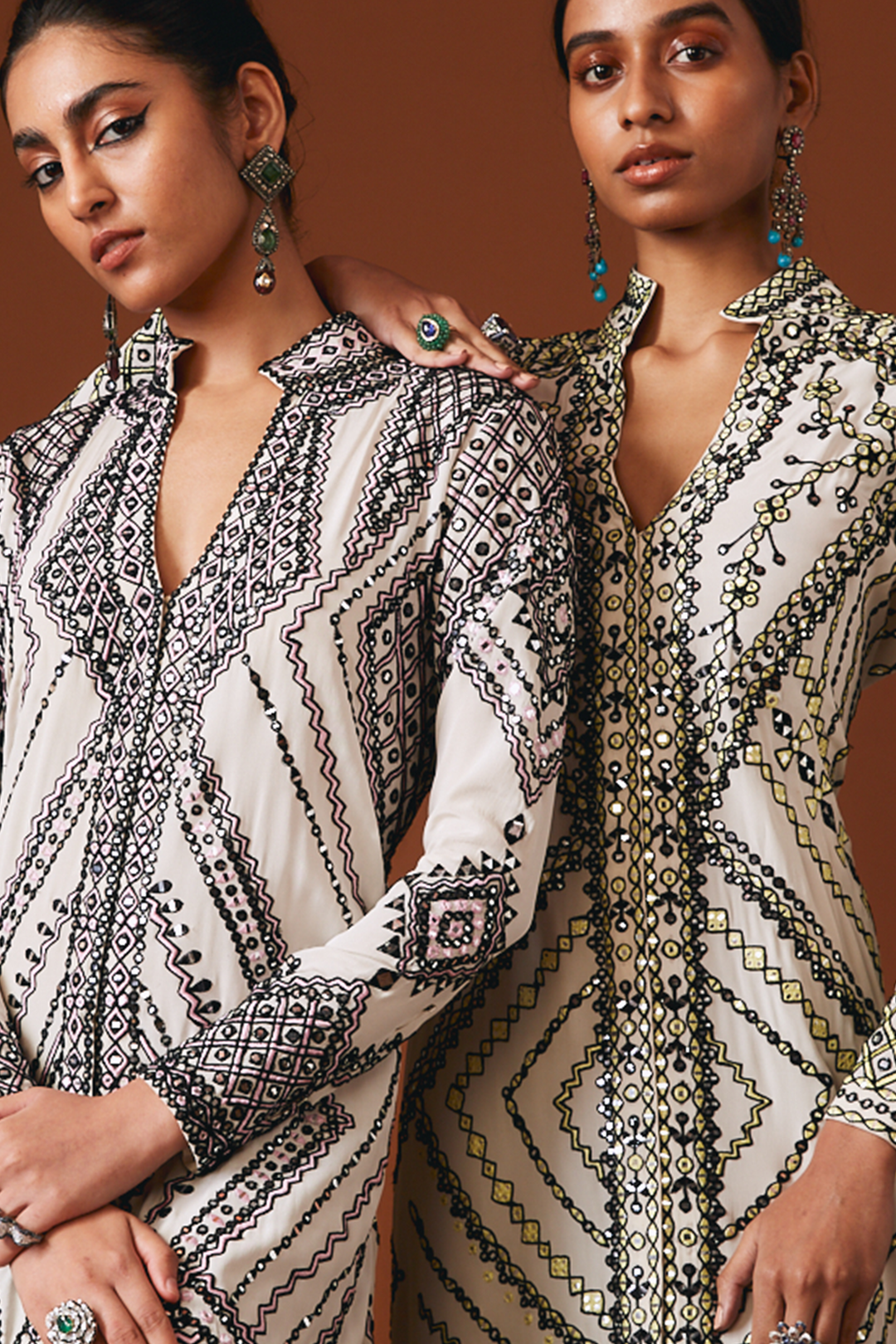 Ivory Crepe Long Kaftan With Black And Pink Mirror And Resham