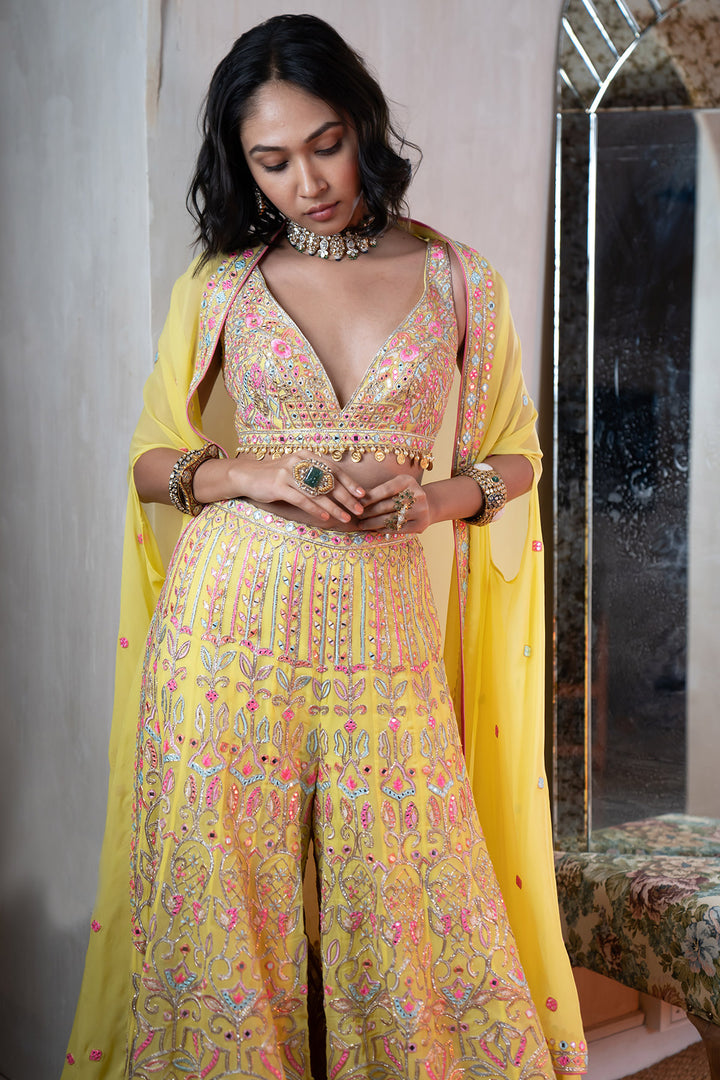 Bright Yellow Embroidered High Waist Sharara With Cape