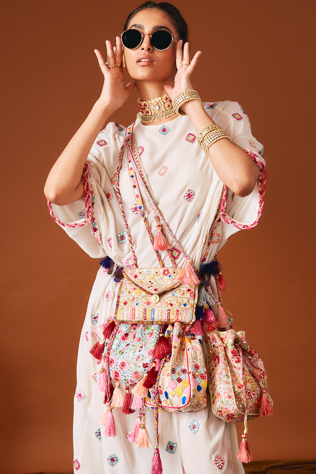 Ivory Georgette Kaftan With Mirror And Resham