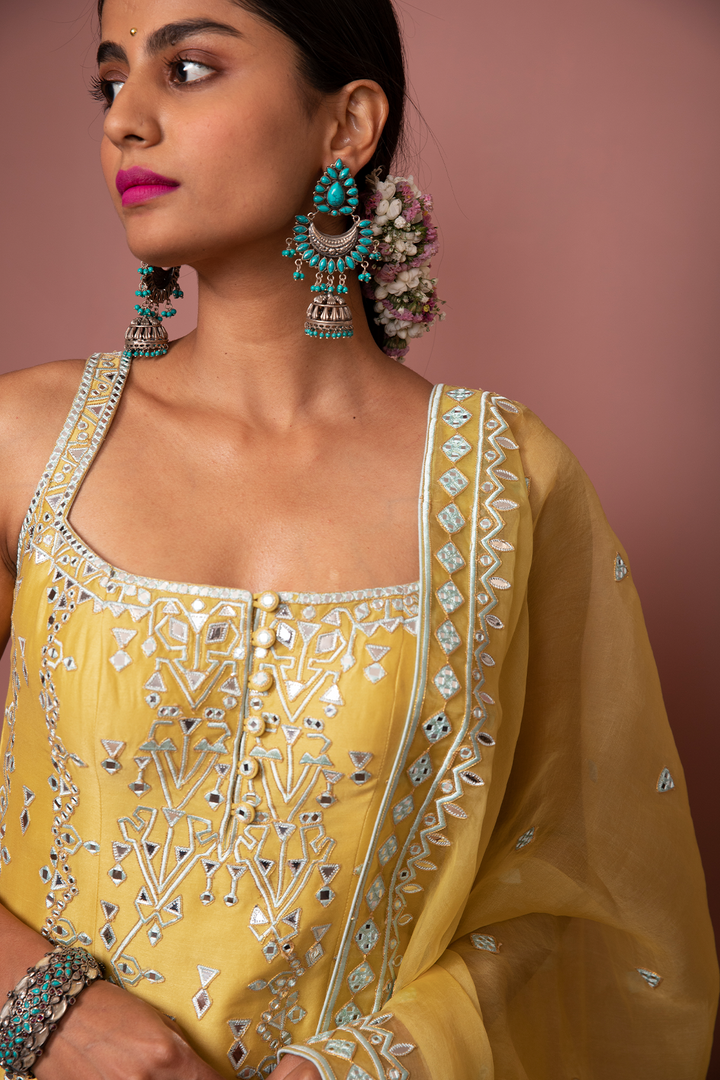 Mustard Strappy Kurta With Gharara