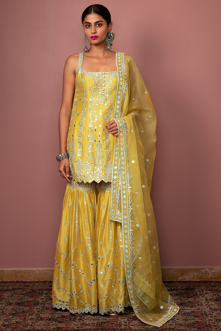 Mustard Strappy Kurta With Gharara