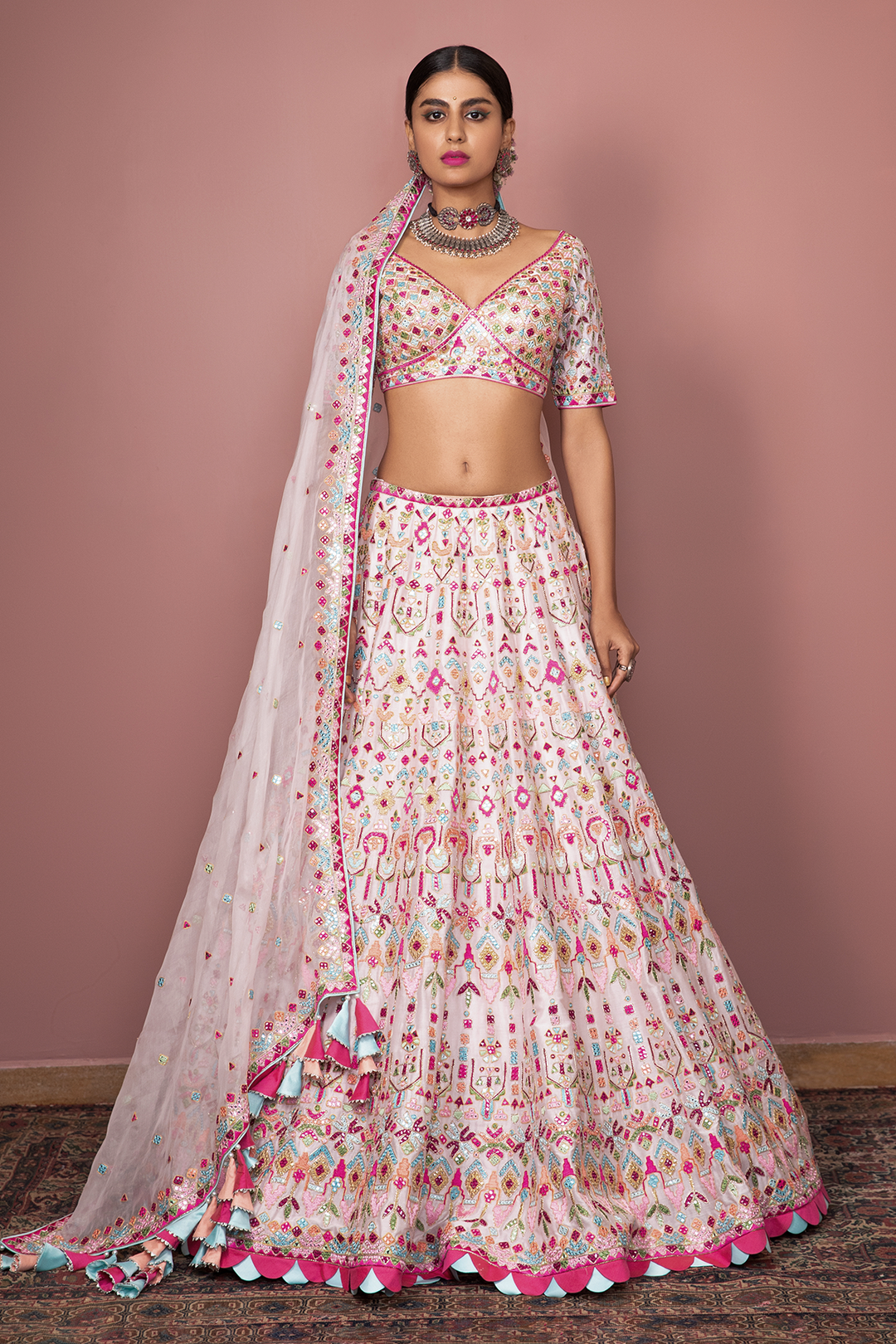 Pink Chnaderi Lehenga Set With Pop Resham Colours