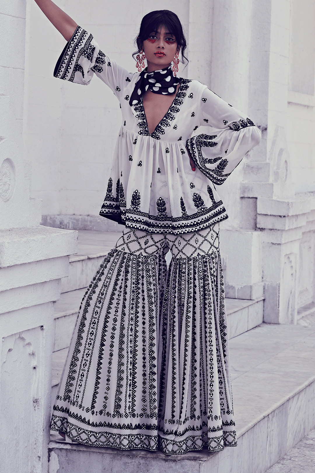 Black And White Peplum Gharara Set