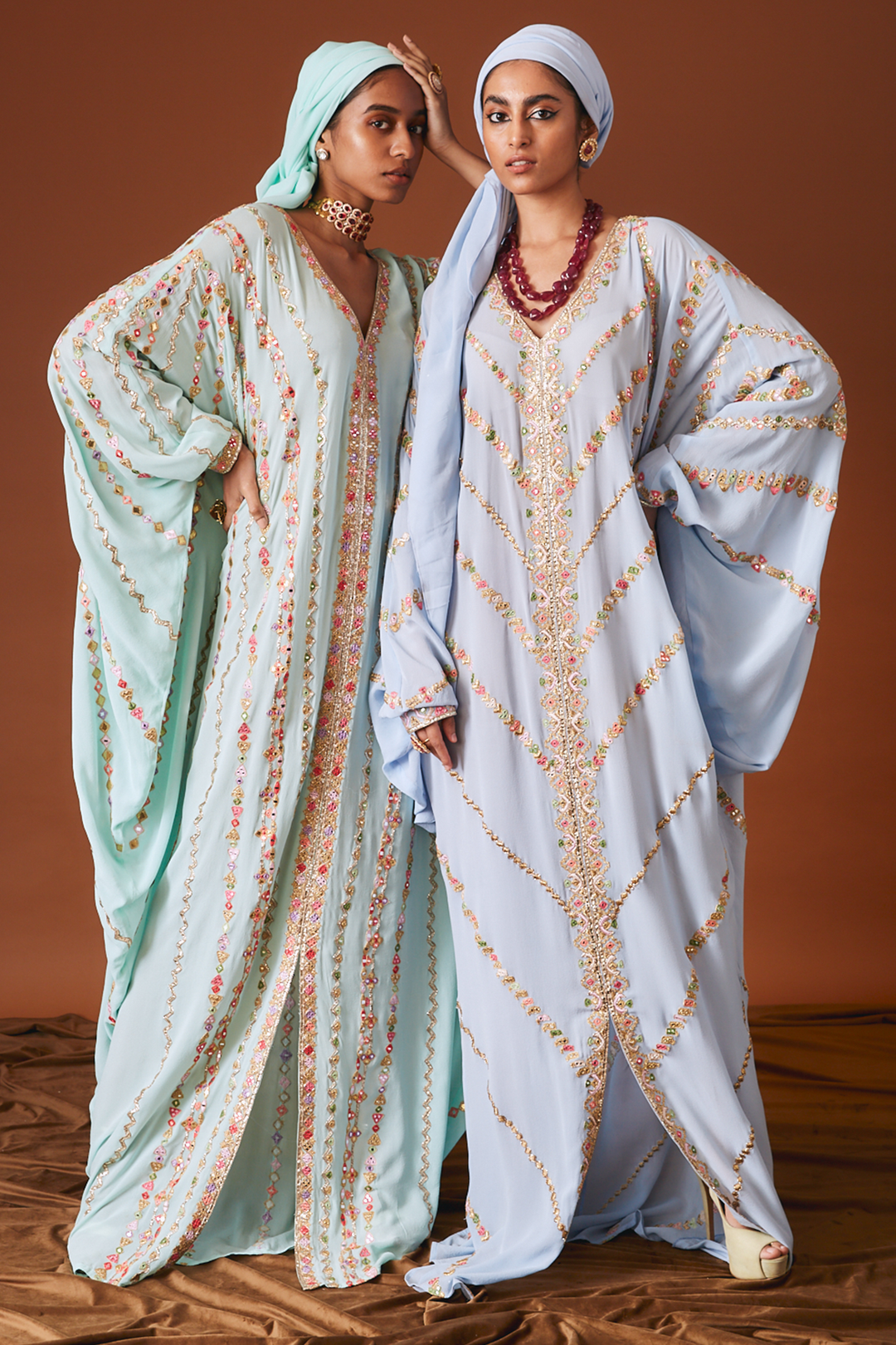 Phirozi Blue Georgette Cowl Kaftan With Resham And Dori