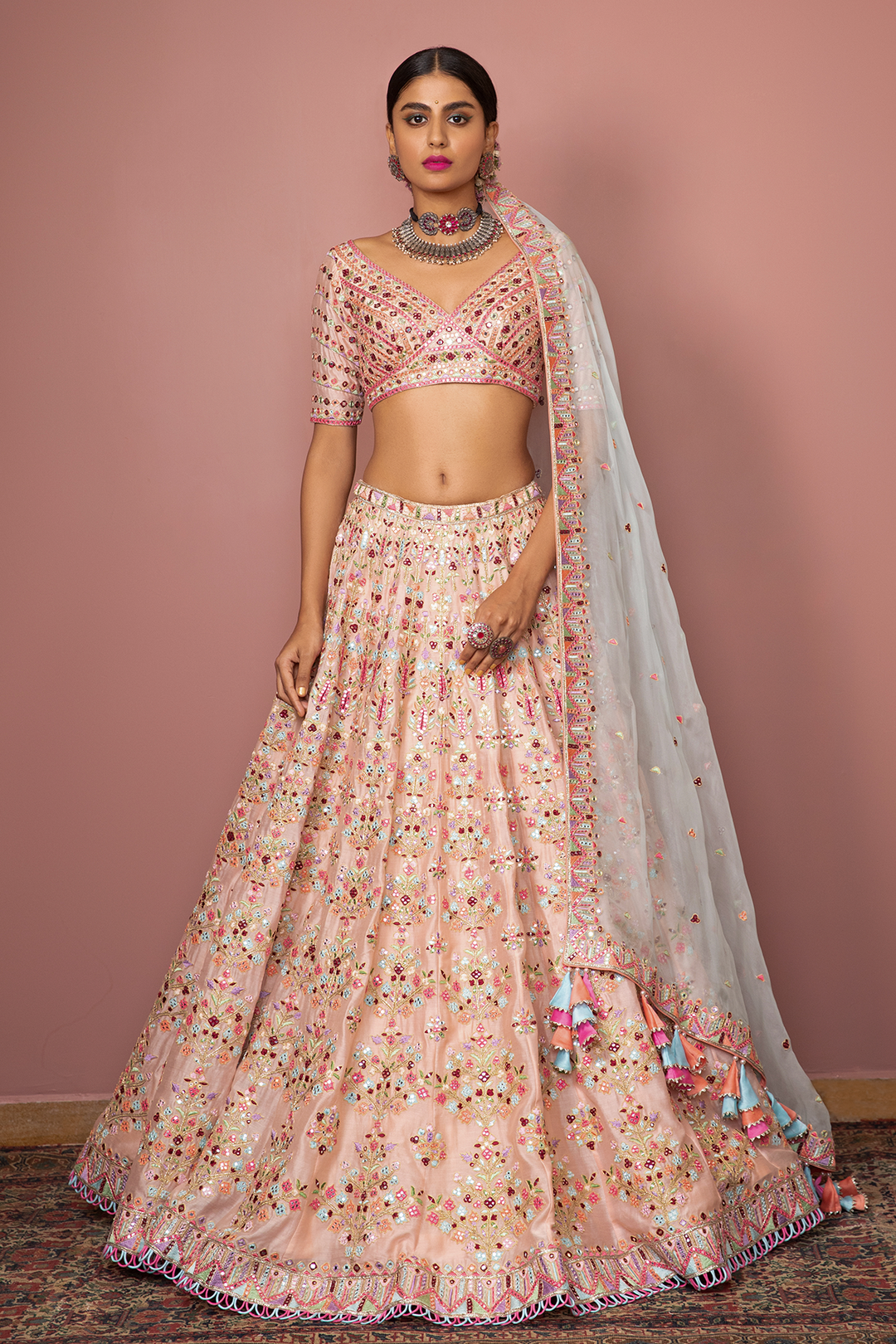 Blush Peach Heavily Embroidered Lehenga Set With Resham Mirror