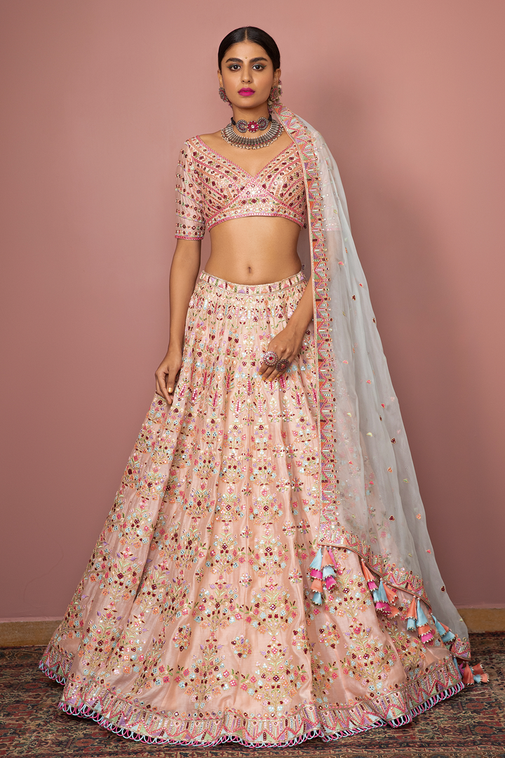 Blush Peach Heavily Embroidered Lehenga Set With Resham Mirror