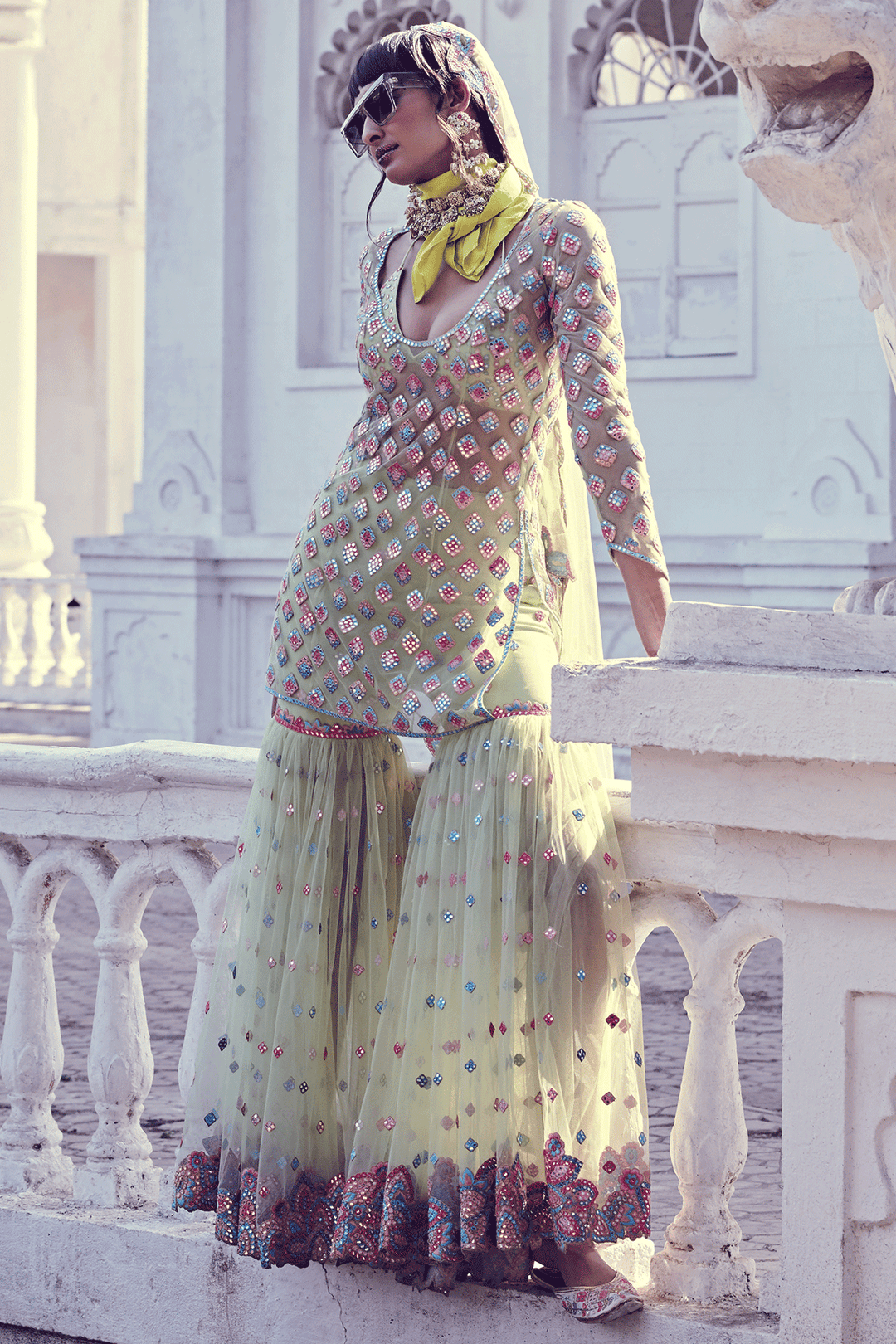 GREEN SOFT NET GHARARA SET
