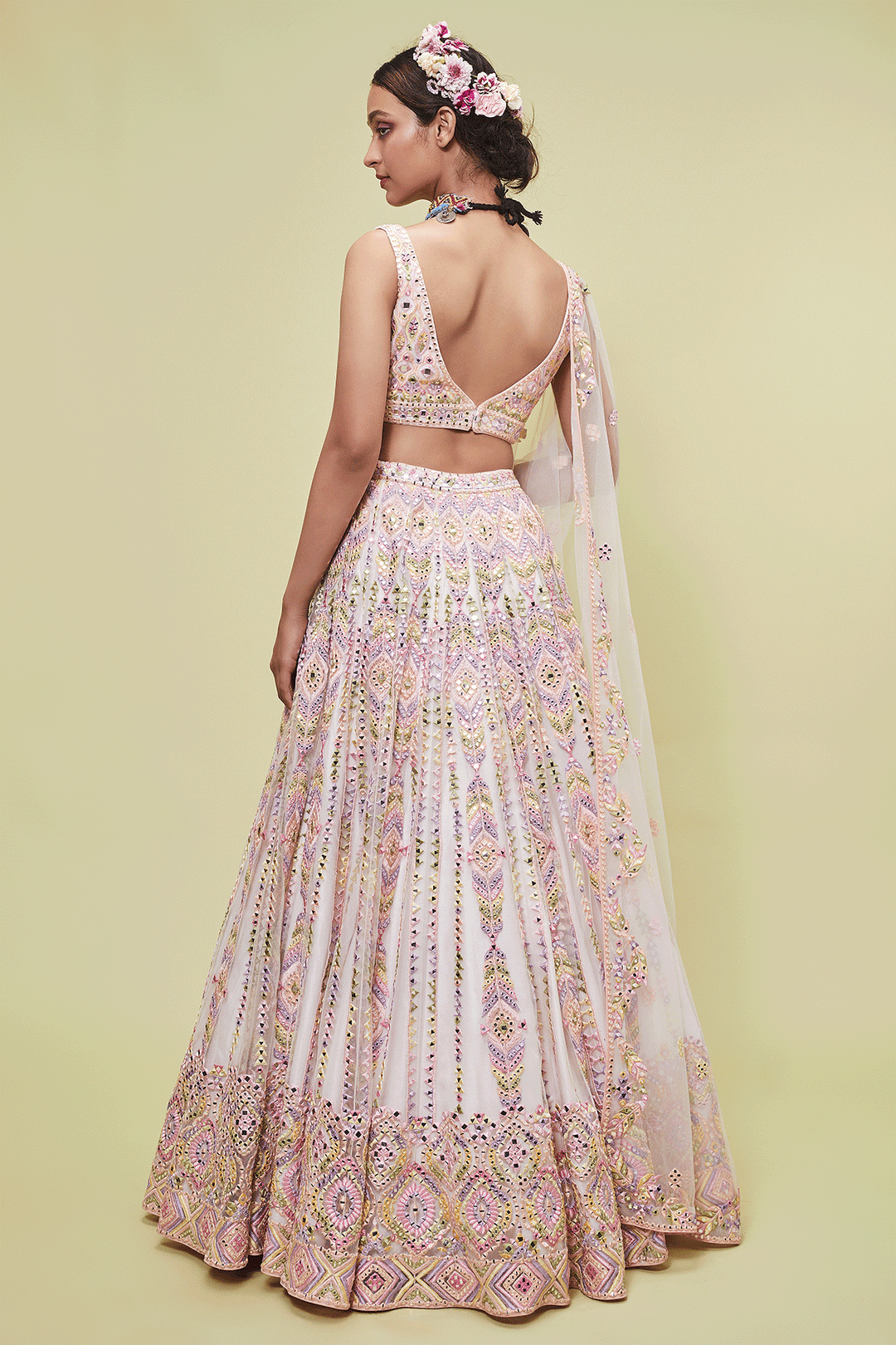 Peach Net Lehenga With Resham And Mirror