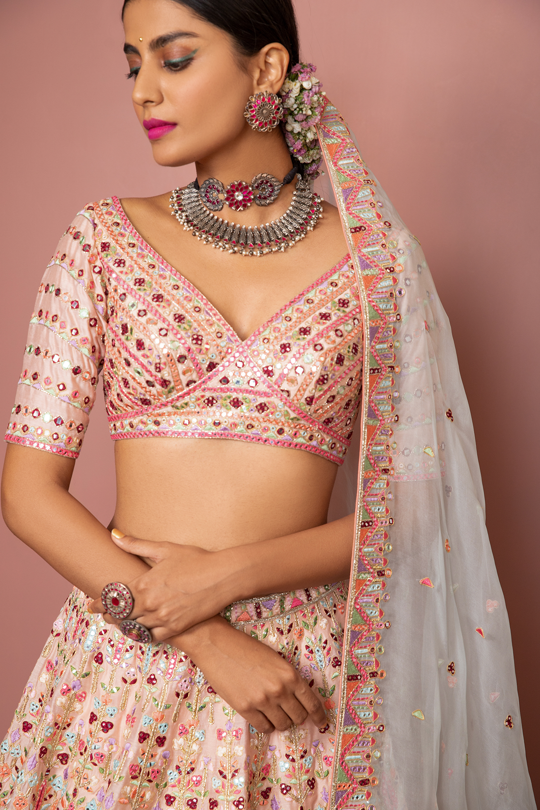 Blush Peach Heavily Embroidered Lehenga Set With Resham Mirror