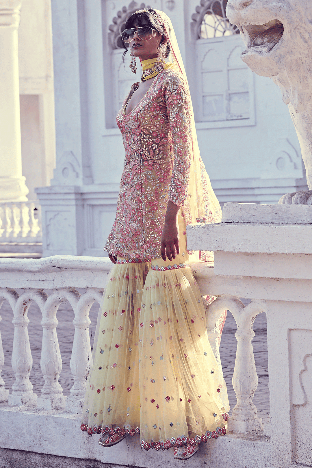 YELLOW SOFT NET GHARARA SET
