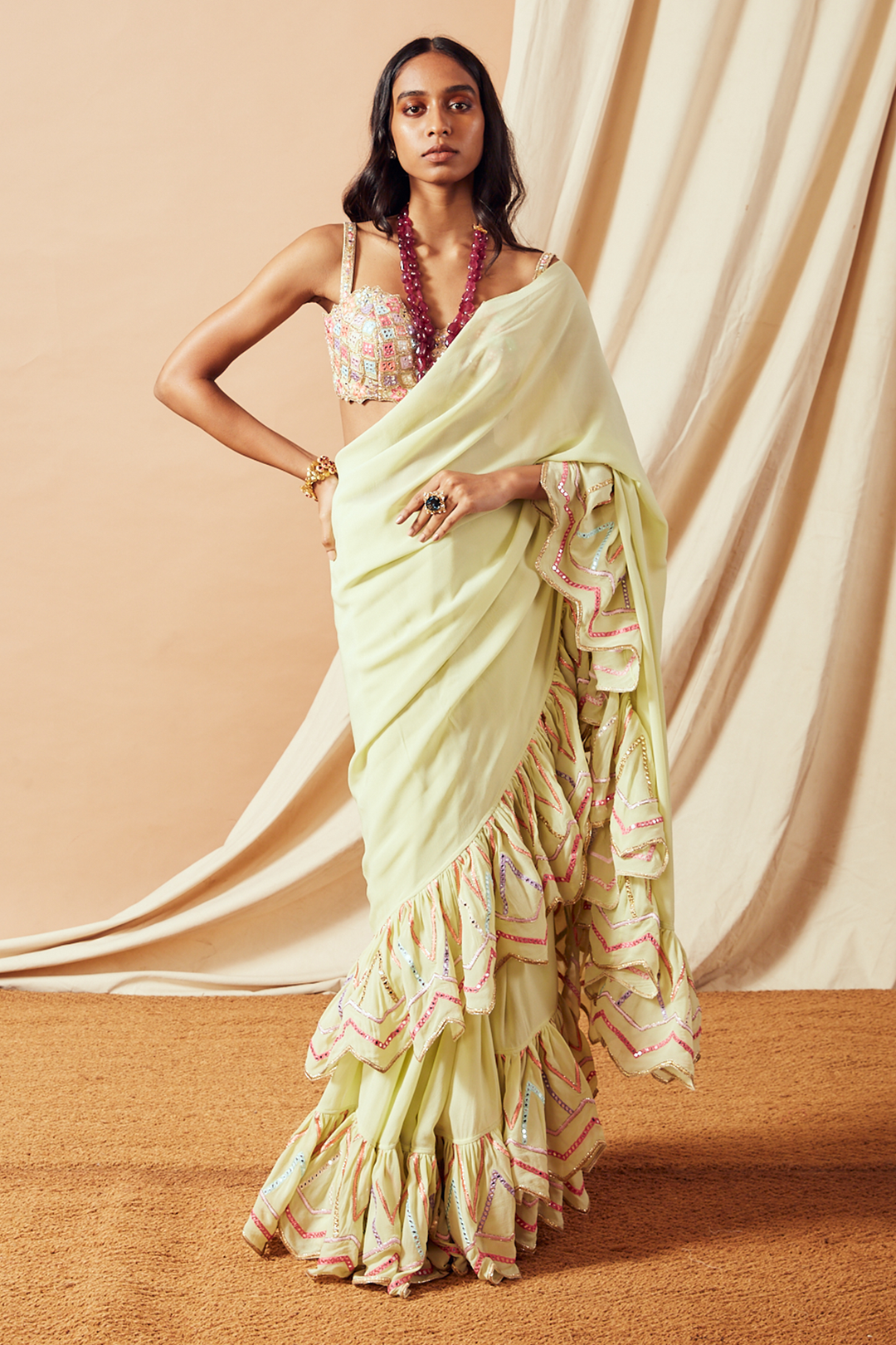 Green Ruffle Saree Set