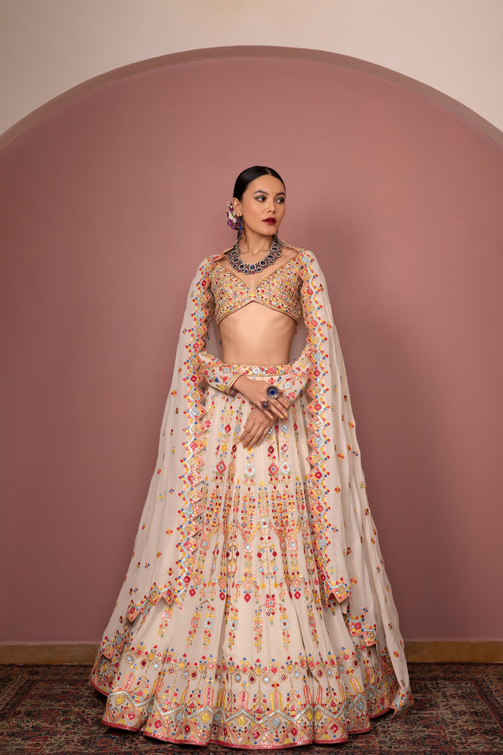 Ivory Georgette Aztek Lehenga