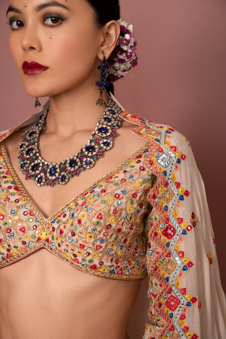 Ivory Georgette Aztek Lehenga