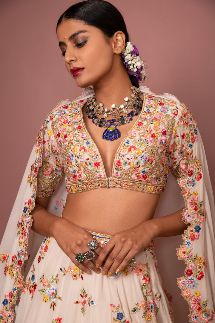 Ivory Georgette Floral Lehenga