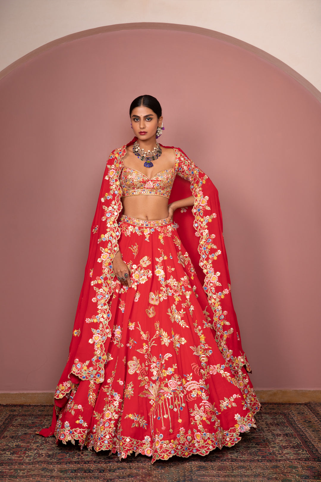 Red Georgette Floral Lehenga