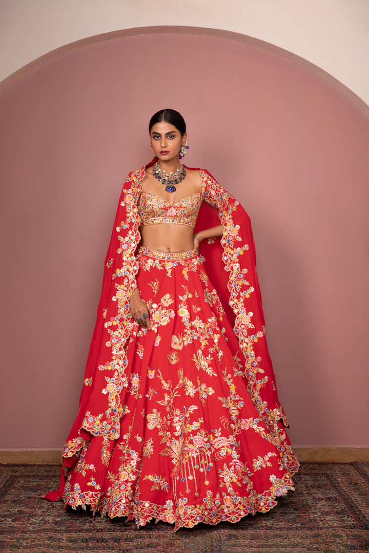 Red Georgette Floral Lehenga