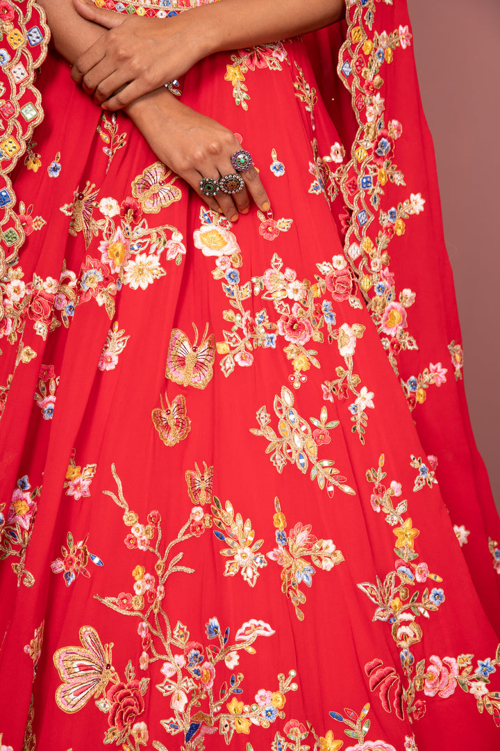 Red Georgette Floral Lehenga