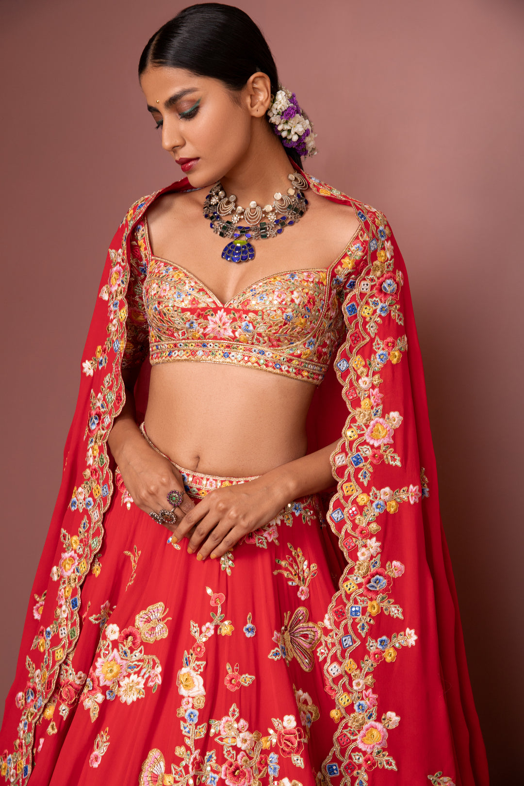 Red Georgette Floral Lehenga