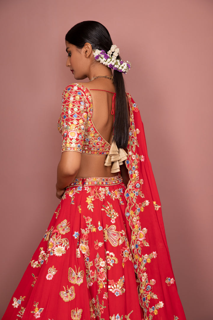 Red Georgette Floral Lehenga
