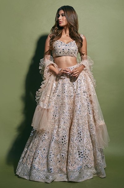 Mouni Roy In Light Pink Heavy Foil Lehenga With Frill Dupatta