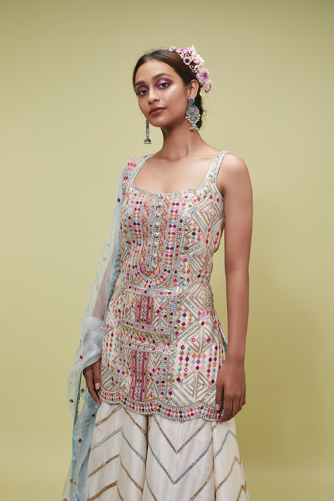 Ivory Sharara Set With Blue Organza Dupatta