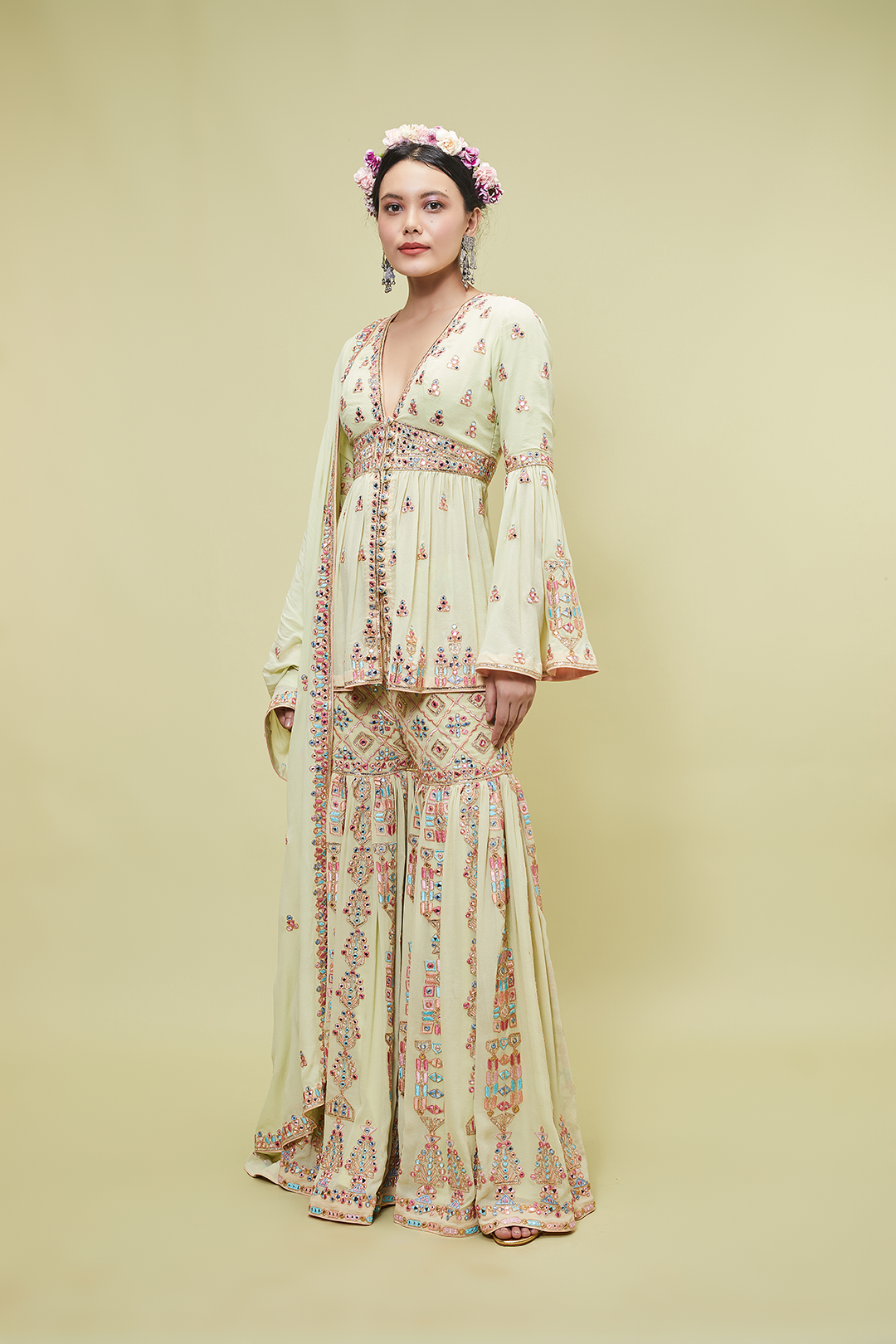 Green Georgette Gharara Set
