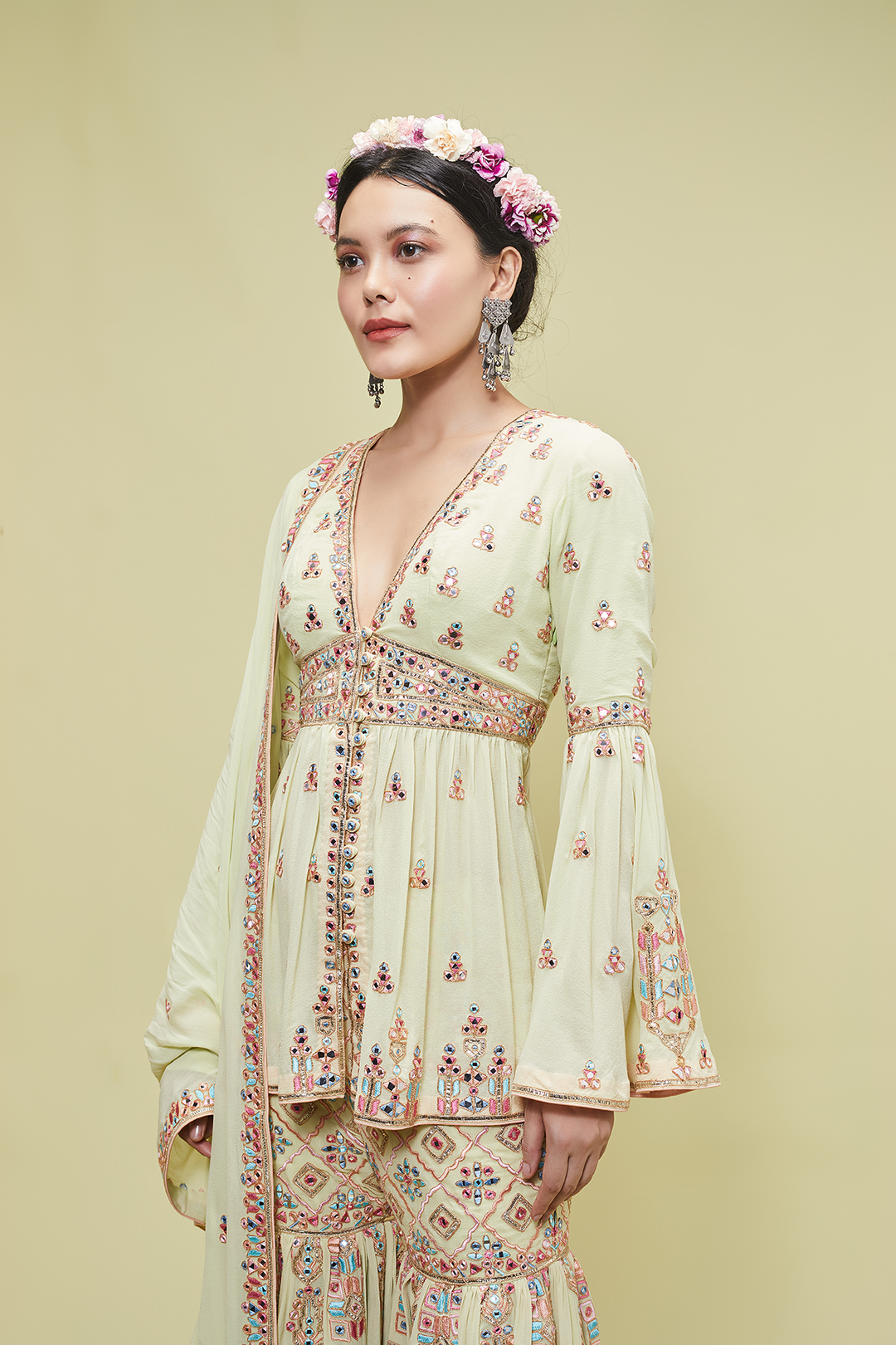 Green Georgette Gharara Set
