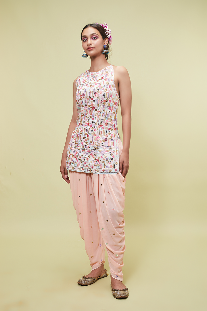 Ivory High Neck Kurta With Cowl Pants