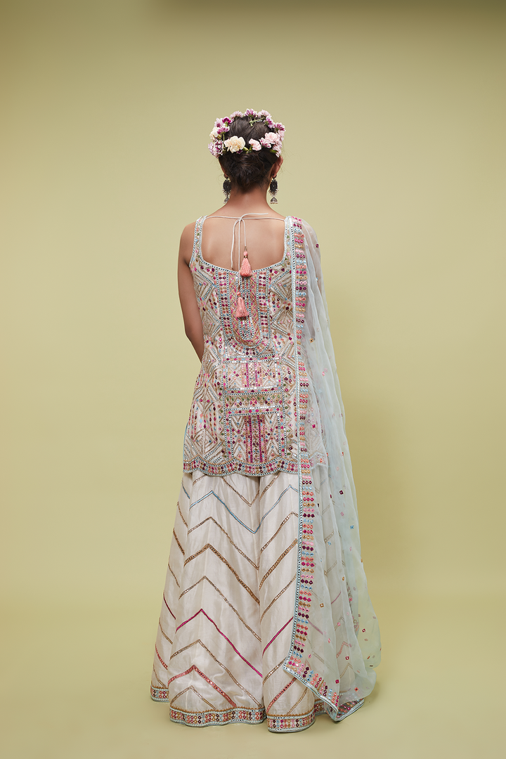 Ivory Sharara Set With Blue Organza Dupatta