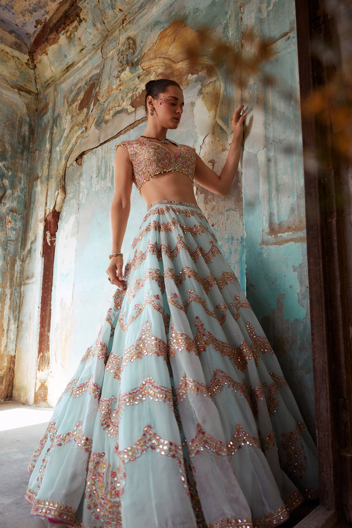 Blue Georgette Scallop Embroidered Lehenga Set
