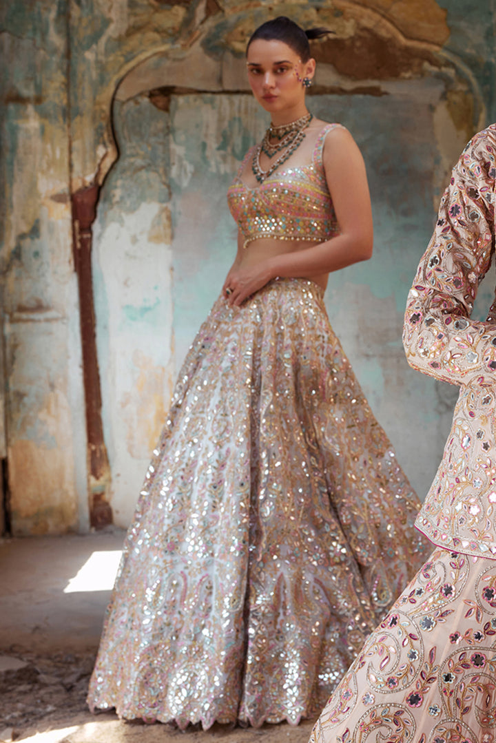 Ivory Net Foil Resham Embroidered Lehenga Set