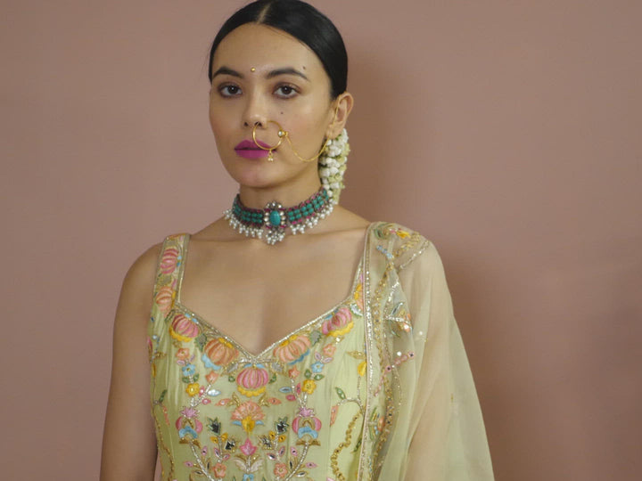 Green Kurta With Peach Gharara