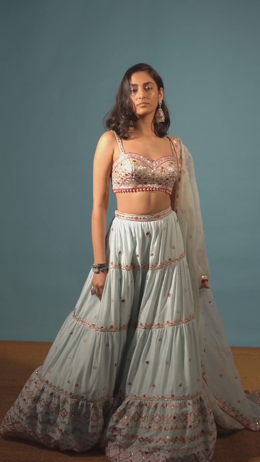Blue Chanderi Tiered Lehenga Set
