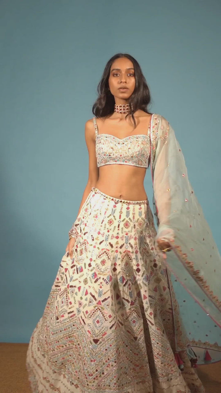 Ivory Georgette Multi Coloured Resham Lehenga Set
