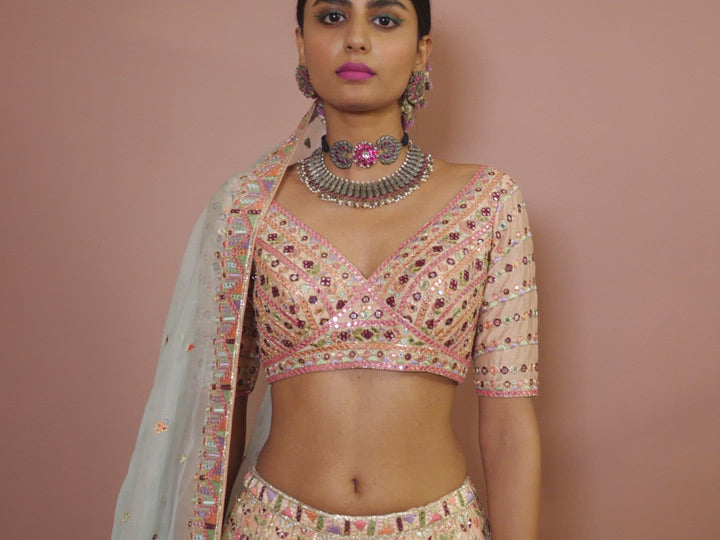 Blush Peach Heavily Embroidered Lehenga Set With Resham Mirror