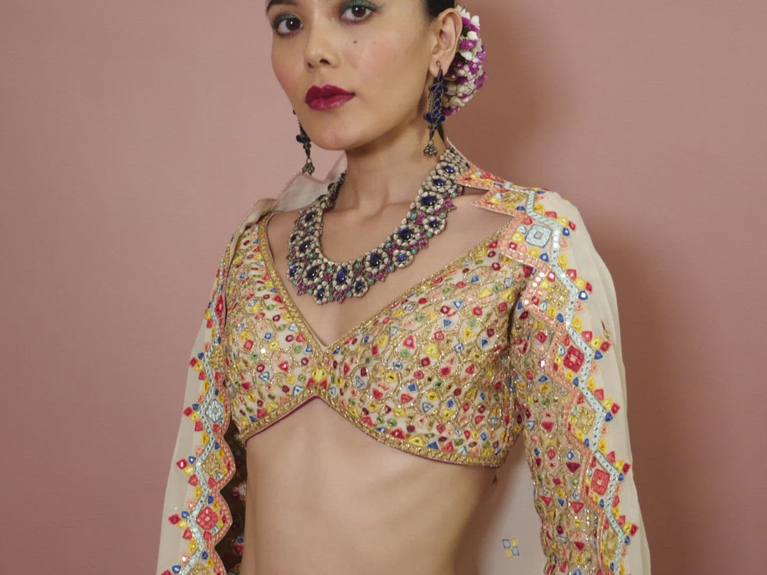 Ivory Georgette Aztek Lehenga