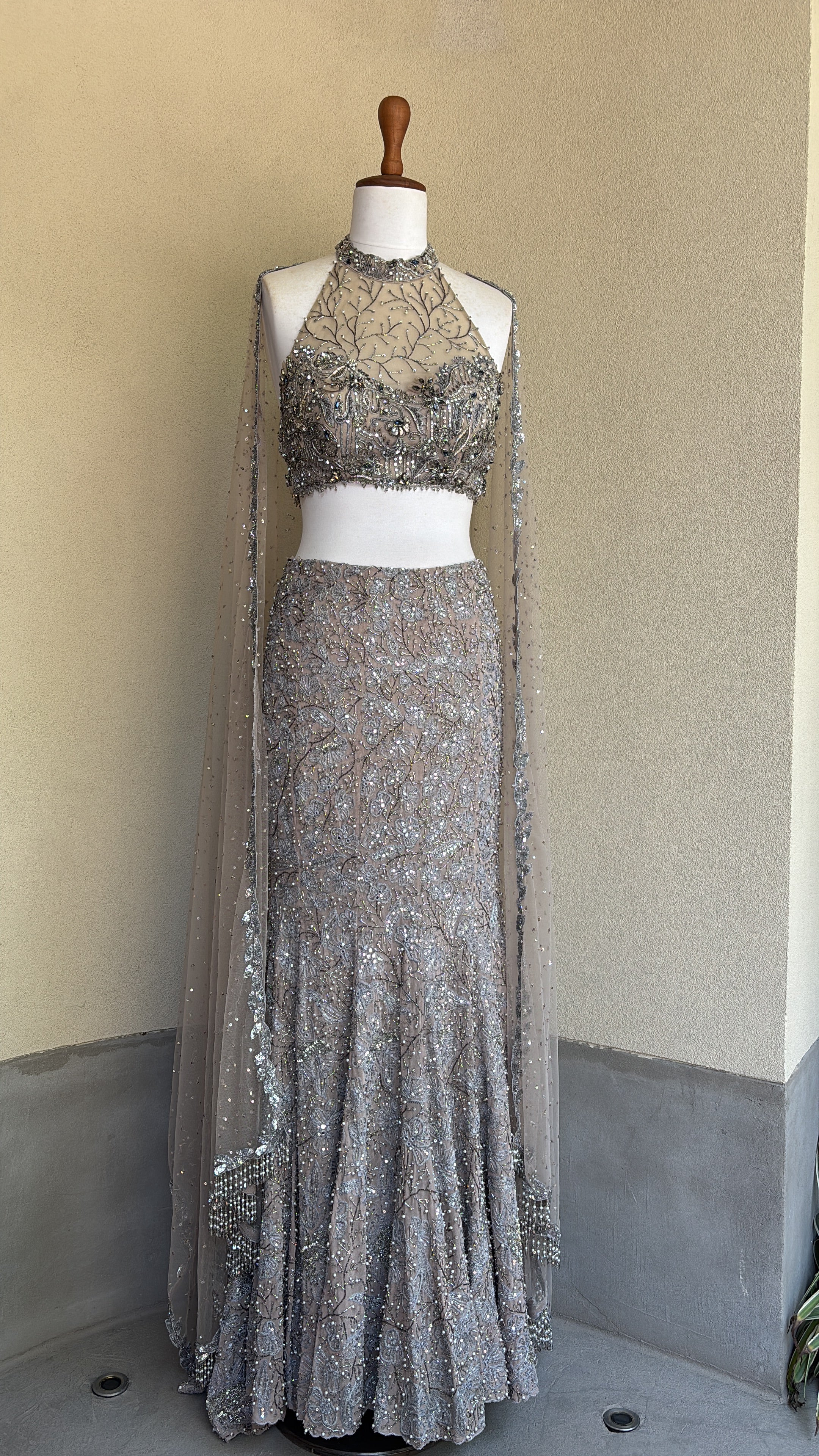Grey Tulle Fit and Flare Lehenga Set