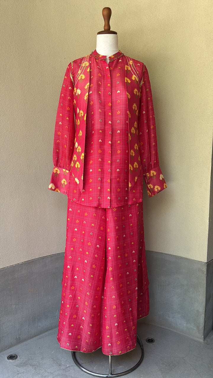 Pink Checkered Petal Fusion Shirt,Palazo And Waistcoat Set