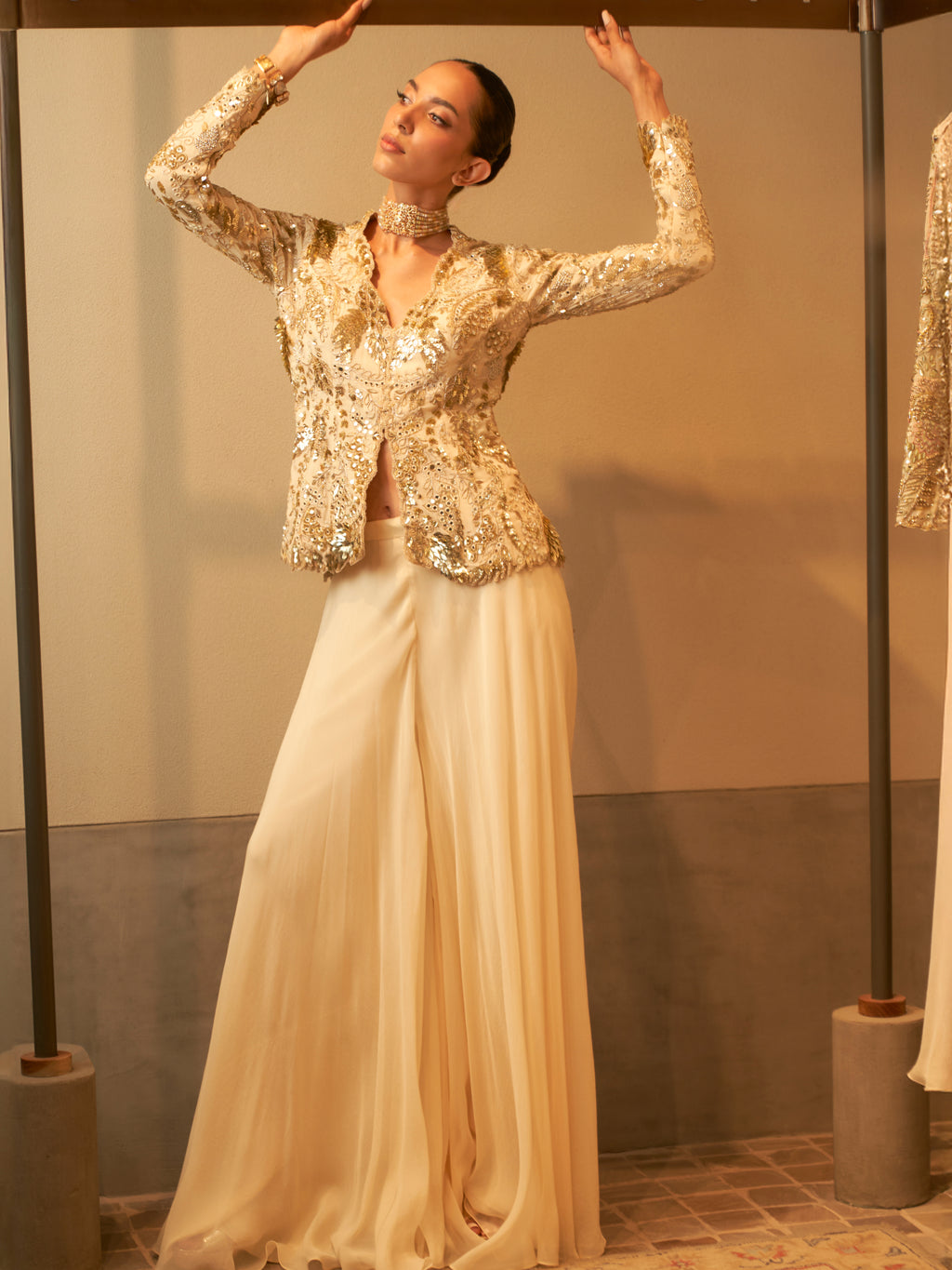 Ivory Gold Sequin Jacket With Organza Sharara