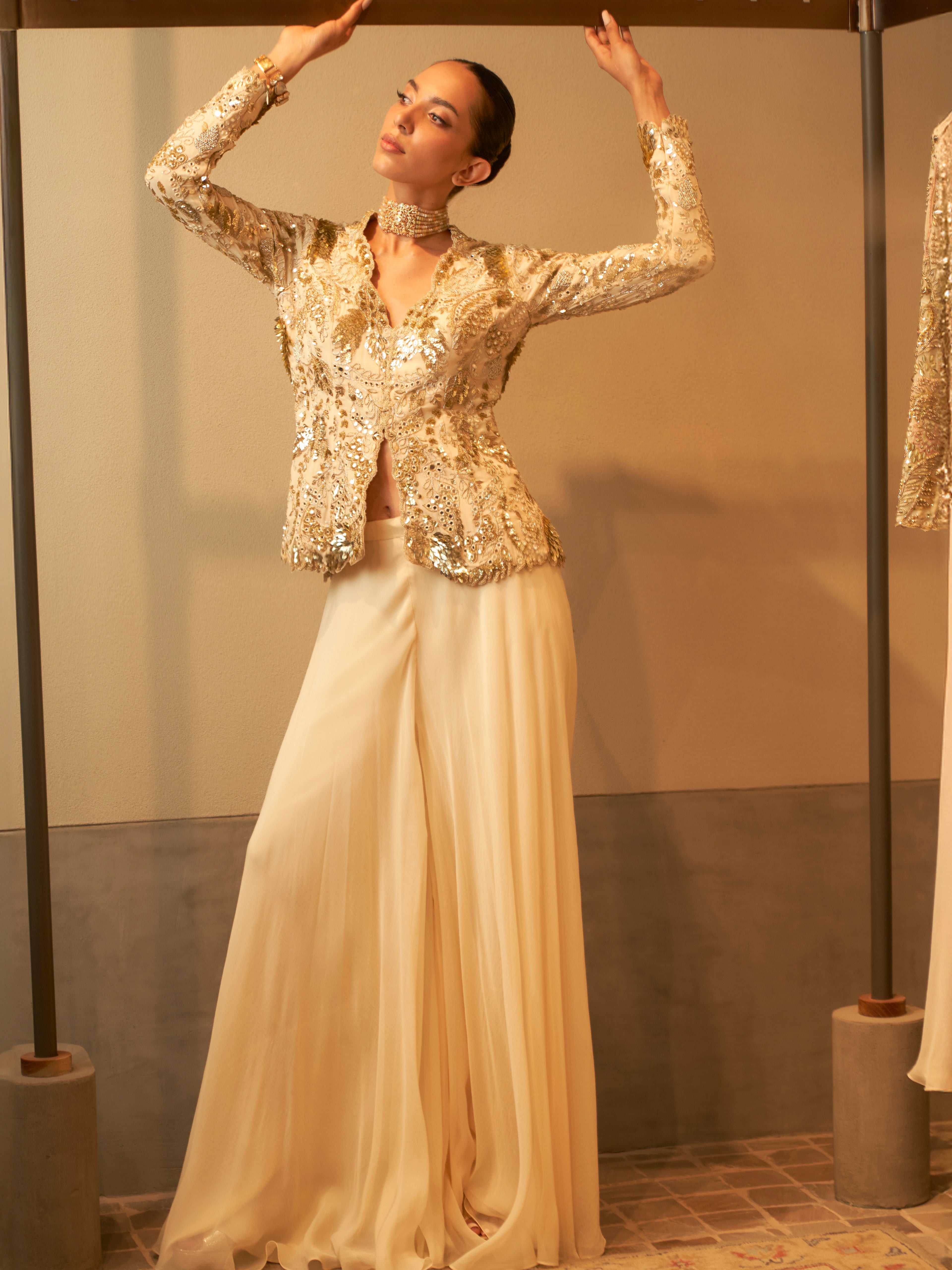Ivory Gold Sequin Jacket With Organza Sharara