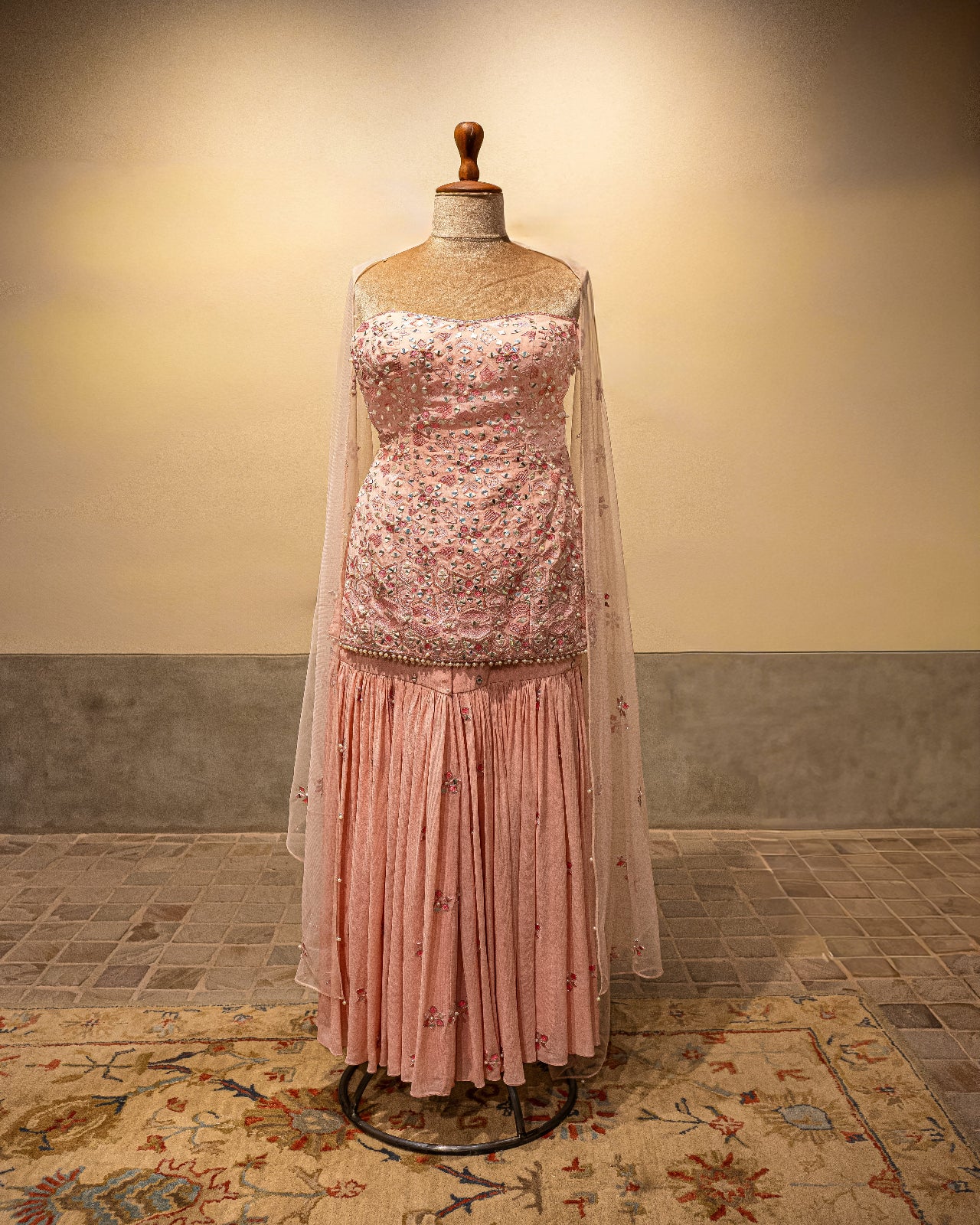 Light Pink Gharara with Strapless Kurta and Tulle Dupatta