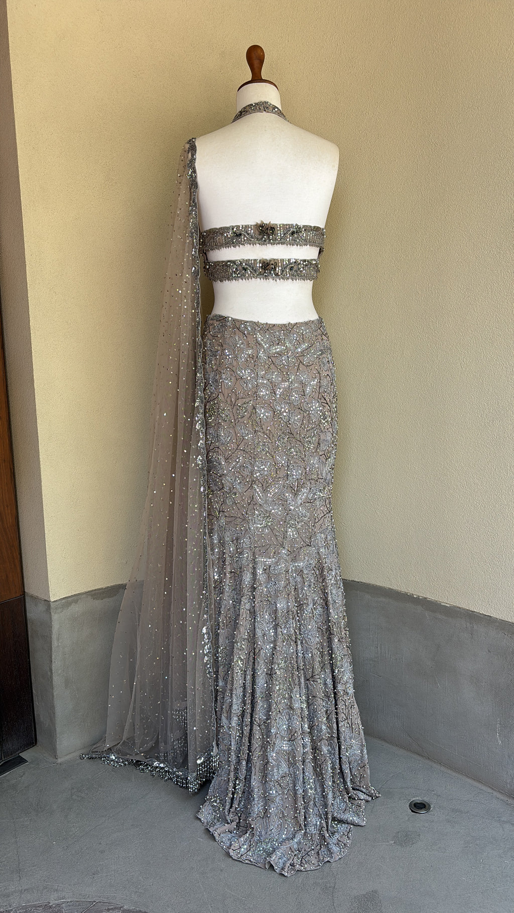 Grey Tulle Fit and Flare Lehenga Set