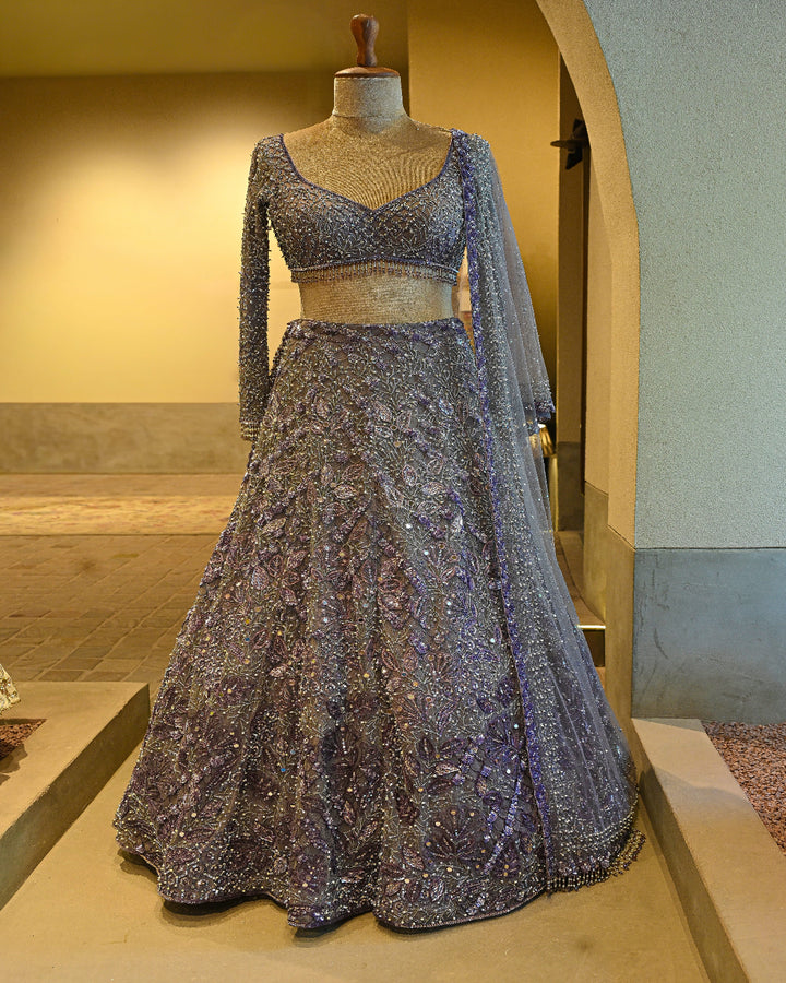 Dark Lilac Tulle Lehenga Set with Full Sleeve Blouse