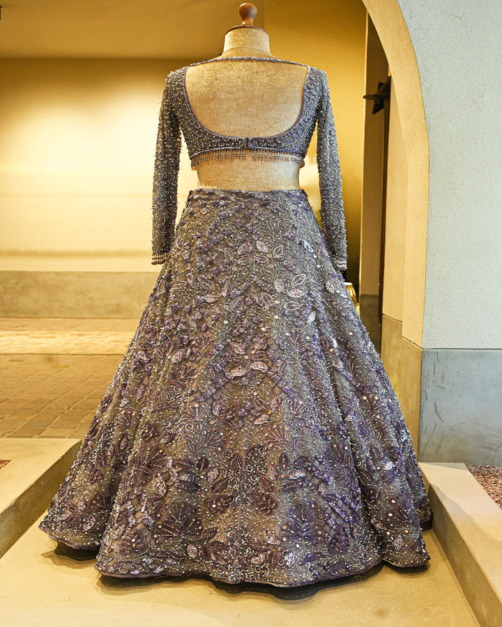 Dark Lilac Tulle Lehenga Set with Full Sleeve Blouse